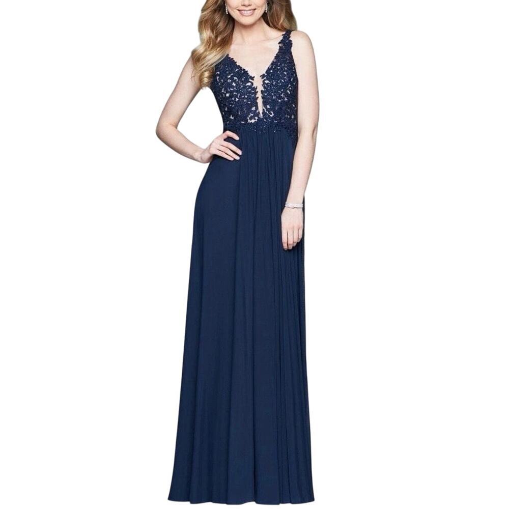 Faviana 8000‎ Rhinestones Lace Appliqued Long Mesh Deep V-Neck Dress Women 6 NWT
